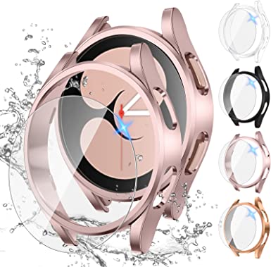 [4 4Pack] Tensea for Samsung Galaxy Watch 4 Screen Protector and Case 44mm, Hard PC Bumper and Anti-Fog Tempered Glass Protective Film, Face Cover Set Watch4 (44 mm, Clear/Black/Pink Gold/Rose Gold)