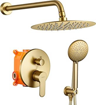 Gabrylly Shower System,Wall Mounted Shower Faucet Set for Bathroom with High Pressure 12" Stainless Steel Rain Shower head and 5-Mode Handheld Shower Set, 2 Way Shower Valve Kit, Brushed Gold