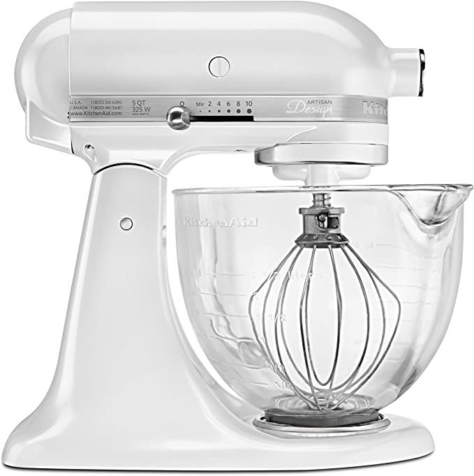 KitchenAid Artisan Design Series 5-Quart Tilt-Head Stand Mixer with Glass Bowl, Frosted Pearl White