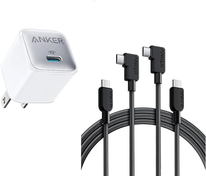 Anker USB C Cable Right Angle, 240W 2-Pack 6 ft USB C to USB C Cable, 90 Degree Type C Braided Charging Cord&USB C Charger Block 20W, 511 Charger (Nano Pro), PIQ 3.0 Compact Fast Charger