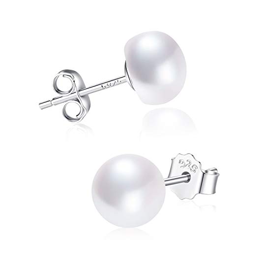 Pearl Earrings Sterling Silver 8-13mm Freshwater Cultured Button Pearl Stud for Women AAA Quality