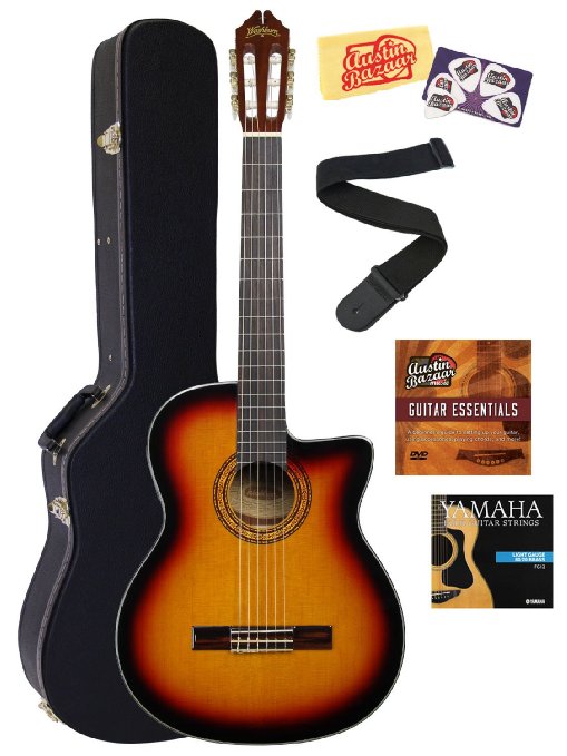 Washburn C5CE Classical Acoustic-Electric Guitar Bundle with Hard Case, Strap, Strings, Instructional DVD, Picks, and Polishing Cloth - Tobacco Sunburst