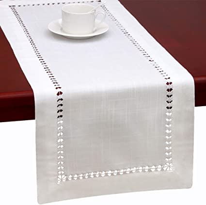Grelucgo Handmade Hemstitched Natural Rectangle White Lace Table Runners (14x90 inch)