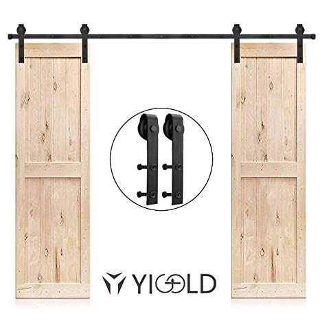 8ft Barn Door Hardware Kit Heavy Duty Sturdy Sliding Factory Outlet Carbon Steel- Ultra Smoothly and Quietly Design-Easy Installation-Fit Double Wide Door Panel-(J Shape Hanger,Double Door;Black)