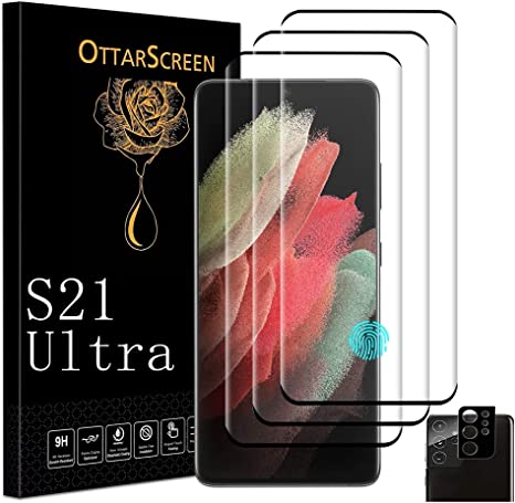 OttarScreen Galaxy S21 Ultra Screen Protector 【3 1 Pack】With 1 Pack Tempered Glass Camera Lens Protector, Compatible Fingerprint, 3D Glass 9H Hardness Tempered Glass Screen Protector for Samsung Galaxy S21 Ultra 5G