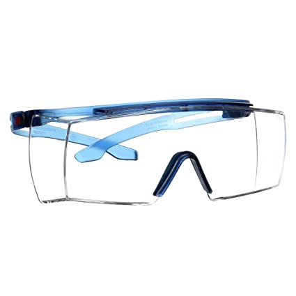 3M Safety Glasses, SecureFit, Fits Over Prescription Glasses, ANSI Z87, Anti-Scratch Clear Lens, Blue Frame, Flexible Temples, High Cheekbone, Low Nose Bridge