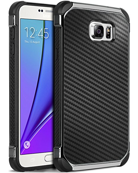 Galaxy Note 5 Case, Samsung Note 5 Case, BENTOBEN Dual Layer Hybrid Carbon Fiber Texture Hard PC Cover Heavy Duty Rugged Chrome Shockproof Anti-slip Bumper Case for Samsung Galaxy Note 5, Black