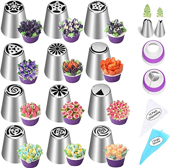 27pcs Russian Piping Tips Set Cake Decorating Supplies Kit Piping Bags and Nozzles Set Including 12 Cupcake Flower Frosting Nozzles Icing Dispensers Tips 2 Leaf Tips 2 Coupler 11 Piping Pastry Bags
