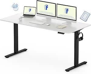 FLEXISPOT EN1 Whole-Piece Standing Desk 60"x24" Electric Height Adjustable Heavy Duty Steel Stand Up Desk Frame w/Automatic Smart Keypad (Black Frame   White Top, 2 Packages)