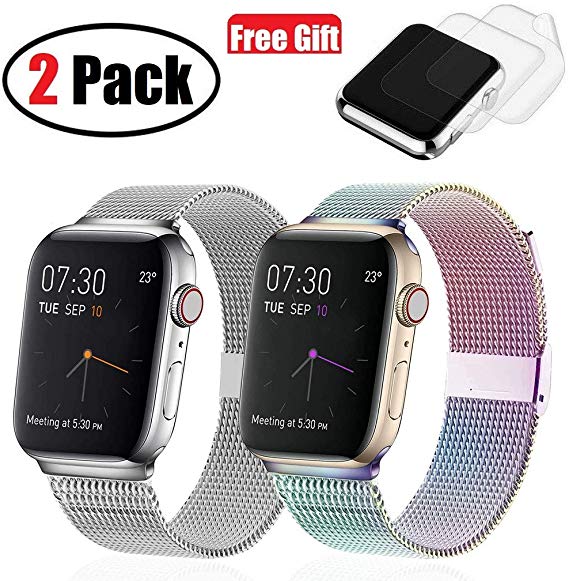 (2 Pack) Compatible with Apple Watch Band 38mm 40mm, I.P Stainless Steel Mesh Metal Loop with Adjustable Magnetic Closure Replacement Bands for Series 5 4 3 2 1, Silver & Space Gray, Plus 2x Screen Pr