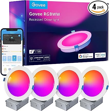 Govee 4 Inch Smart Recessed Lighting, Wi-Fi & Bluetooth RGBWW Dimmable LED Downlights, 16 Million DIY Colors LED Recessed Lighting with Junction Box, Alexa & Google Assistant, 850 Lumen 11W, 4 Pack