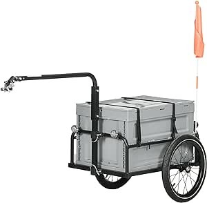 HOMCOM Remorque Chariot à vélo avec Coffre de Rangement Amovible et Pliable de 65L, Charge maximale de 40KG, pneus et réflecteurs de sécurité, Gris