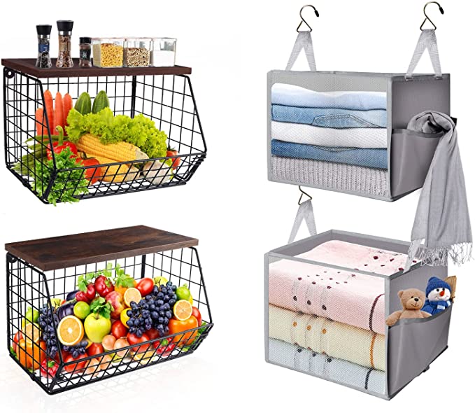 Mefirt 2pcs Fruit Basket Onion Storage Wire Baskets with Wood Lid Kitchen Counter Organizer and 2pcs Hanging Closet Organizer, Hanging Organizer with Sturdy Hooks and Extra Side Pocket