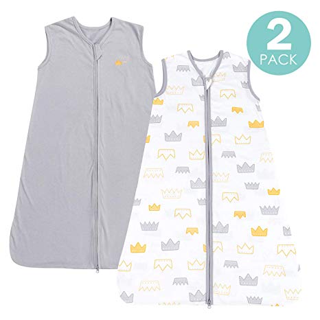 Breathable Cotton Wearable Blanket, 2-Pack Sleeveless Sleep Bag for Babies, 2-Way Safe Zipper, Large L, Ultra Soft Baby Sacks for Summer, Fit Infants Newborns Ages 12-18 Months, Gray Crown