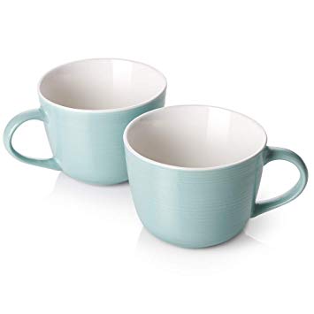 DOWAN Porcelain Coffee Mug Set, 17oz Large Jumbo Wide-mouth Soup Bowl and Cereal Mugs for Cappuccino, Coffee,Tea, Cereal, Ice Cream, Set of 2, Turquoise