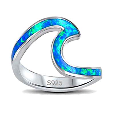 Presentski Blue Opal Ring, Ocean Wave Ring Made of 925 Sterling Silver