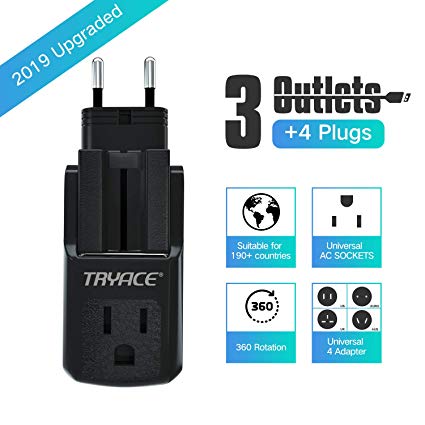 TryAce Travel Adapter, Worldwide All in One Universal Travel Adaptor Wall AC Power Plug Adapter Wall Charger with 3 Outlets&4 Plugs(EU/UK/AU/US) for 190 Countries