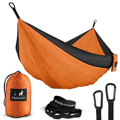 MalloMe Double & Single Portable Camping Hammock - Parachute Lightweight Nylon with Hammok Tree Straps Set- 2 Person Equipment Kids Accessories Max 1000 lbs Breaking Capacity - Free 2 Carabiners