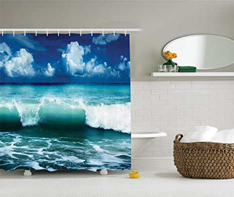 Ocean Shower Curtain Surf Waves Decor by Ambesonne, Caribbean Sea and Water Splash Picture for Surfers Print, Polyester Fabric Bathroom Set with Hooks, 75 Inches Long, Navy Blue White