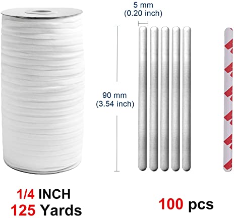 Elastic Band (125 Yards 1/4" White) and Nose Wire Strip(100pcs) Bundle
