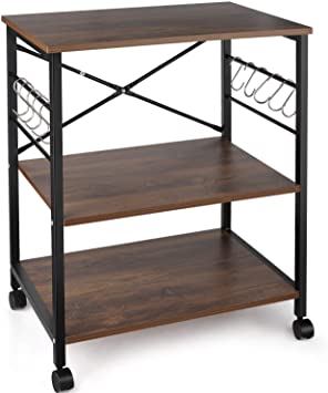 Kemanner Kitchen Bakers Rack, 3-Tire Microwave Oven Stand with Metal Frame and 10 Hooks, Industrial Storage Stand for Kitchen Living Room Decoration
