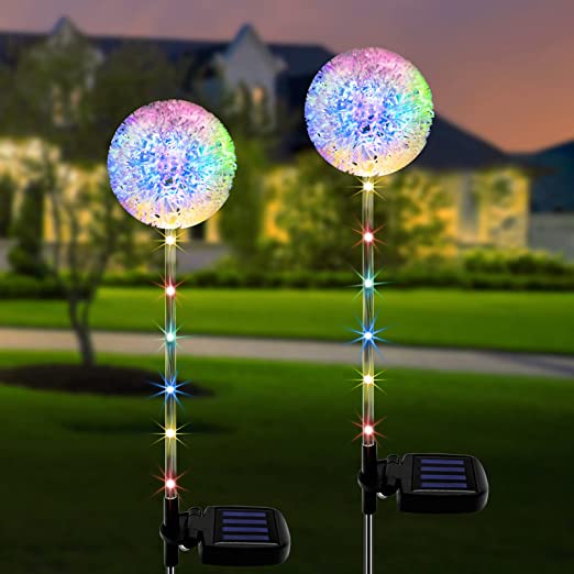 Solar Lights Outdoor Decorative, 2 Pack Solar Dandelion Garden Lights with 16 LED Colorful String Lights, Waterproof Solar Stake Lights for Garden Patio Yard Decoration