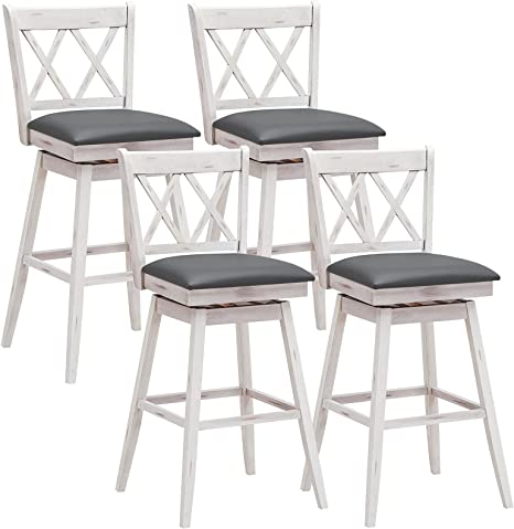 COSTWAY Bar Stool Set of 4, 29 inch Counter Height 360 °Swivel Bar Stool with Foot Rest Upholstered Cushion & Ergonomic Backrest, Sturdy Frame, for Pub, Restaurant, Home (4, White   Grey)