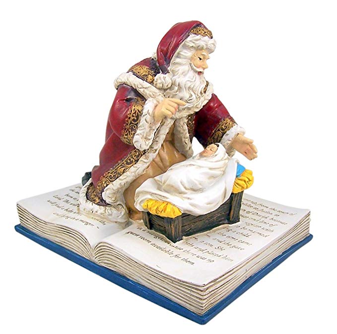 Adoring Kneeling Santa on Bible Resin Christmas Statue Musical Figurine, 8 Inch
