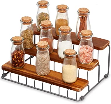 iDesign Ria Safford Collection Acacia Wood and Wire Three Organizer, 12" x 8.5" x 5", 3 Tier Spice Rack