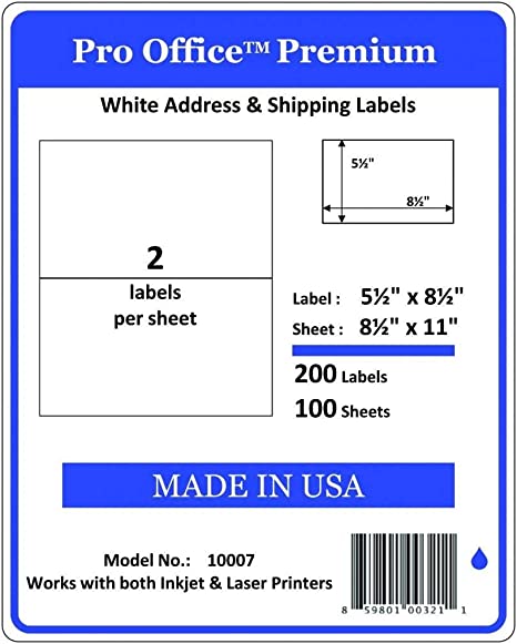 Wing Office Premium 200 Half Sheet Self-Adhesive Shipping Labels for Laser Printers and Ink Jet Printers, White, Made in USA, 5.5 x 8.5 Inches, Pack of 200