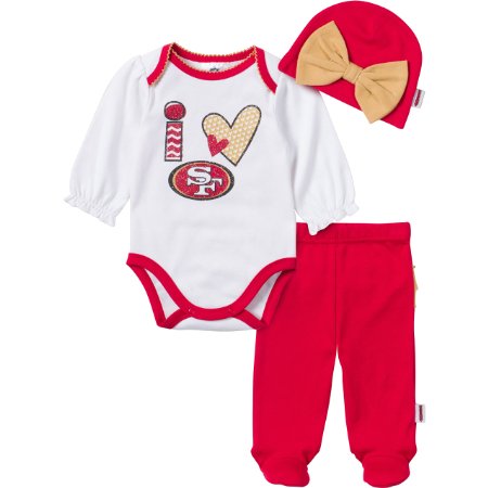 NFL San Francisco 49ers Baby Girl Bodysuit, Footed Pant and Cap Set