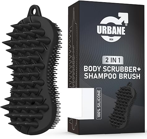 Urbane Men 2 in 1 Body Scrubber & Shampoo Brush Silicone Scalp Massager Dual Sided Hair Growth, Nourish, Cleanse and Exfoliate for Men & Women