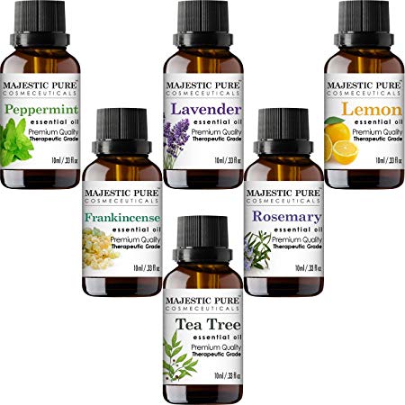 MajesticPure Aromatherapy Essential Oils Set, Includes Lavender, Frankincense, Peppermint, Lemon, Tea Tree & Rosemary Oils - Pack of 6-10 ml each