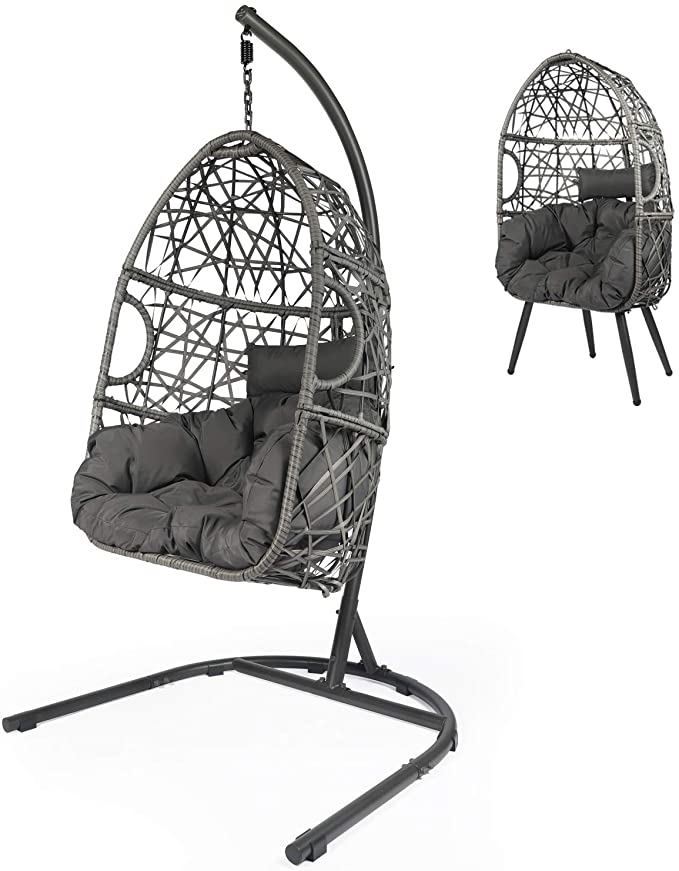 LAZZO Swing Egg Chair, Hanging Chair with C-type Hammock Chair Stand Set, Indoor & Outdoor Rattan Hammock Chair with Seat Cushion & Pillow for Patio Porch Lounge Bedroom (Grey, egg chair with C-stand)