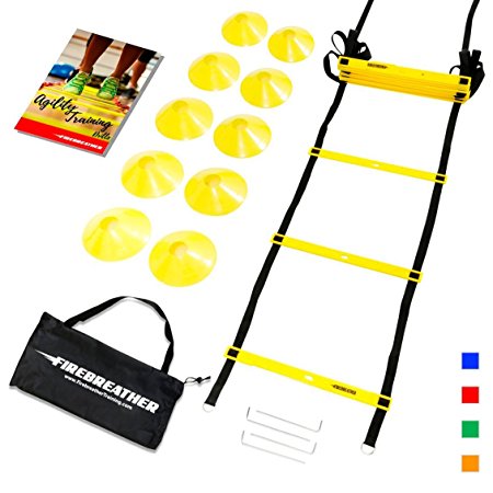 AGILITY LADDER & CONES by FireBreather. Powerful Training Equipment to Boost Performance and Cardio in Soccer, Football & Sports. Set of 15ft Speed Ladder, 10 Cones, Bag & E-Book