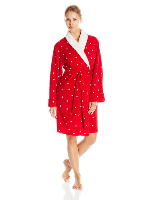 iRelax Womens Playful Dot Plush Short Robe with Shaggy Plush Trim