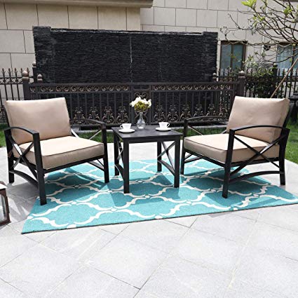 MF STUDIO 3 Piece Bistro Set Patio Metal Seating Sofa Chairs, Extra Wide Relaxing Deep, and Square Side Table with Cushions