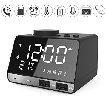 Kitbeez Alarm Clock Radio 4.2 Inch, Bluetooth Speaker with Dual USB Charging Port, Snooze Clock AUX TF Card Play, Thermometer, Large Mirror LED Dimmable Display for Bedroom, Hotel, Table, Desk