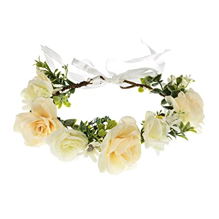 DreamLily Girls Camellias Flower Crown Birthday Photo Pops Hair Wreath Wedding Festival Floral Headpiece XM11 (A-Ivory rose)