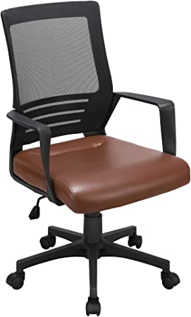 YAHEETECH Office Desk Chair Mesh Rolling Lumbar Support Computer Chair with Leather Padded Seat, Ergonomic Adjustable Task Chair Brown