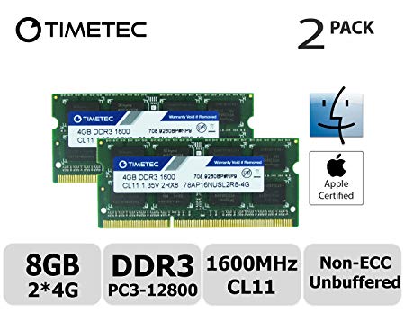 Timetec Hynix IC Apple 8GB Kit (2x4GB) DDR3L 1600MHz PC3L-12800 SODIMM Memory Upgrade For MacBook Pro 13-inch/15-inch Mid 2012, iMac 21.5-inch Late 2012/Early 2013,27-inch Late 2012/ 2013,Retina 5K display Late 2014/Mid 2015,Mac mini Late 2012/ Server (8GB Kit (2x4GB))