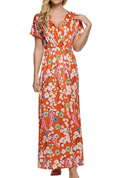 ACEVOG Women Short Sleeve Boho Floral Stripe Long Beach Summer Dress Maxi Dress