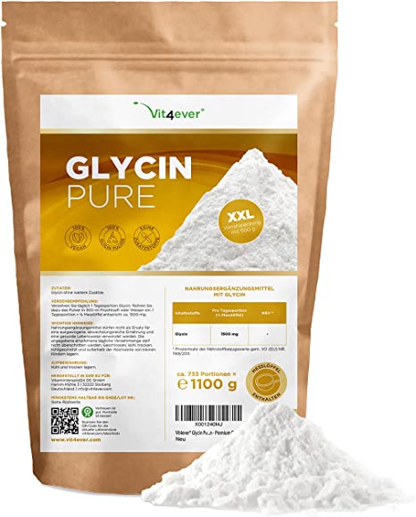 Glycin Pure - 1100 g (1,1 kg) reines Pulver - Keine Zusatzstoffe - 733 Portionen - Laborgeprüfte Qualität - 100% Glycine Aminosäure - Vegan