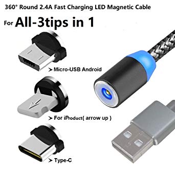 Magnetic Phone Cable for Micro USB Android Type C i Products All Phone Pad Tablet Devices. 360° Round Strong Magnetic Max 2.4A Fast Charging with LED Indicator. (TypeC Android i,3tips in 1cable)