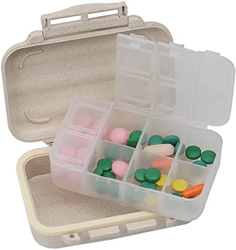 Portable Travel Pill Box Waterproof, Small Pocket Pill Case, Natural Grain Fiber Vitamin Holder Storage Container with 8 Compartments for Fish Oil, Tablet