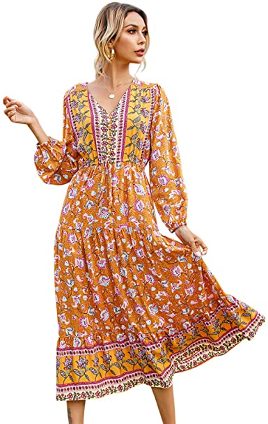 R.Vivimos Women's Long Sleeve Cotton V-Neck Button Up Floral Print Boho Flowy Midi Dresses