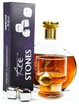 ACE Whiskey Stones - Rock Your Party With Stylish Reusable Stainless Steel Ice Cubes! Chill Your Whiskey Fast Without Dilution. Set of 4 Metal Wine Accessories Comes In Classy EVA Gift Box