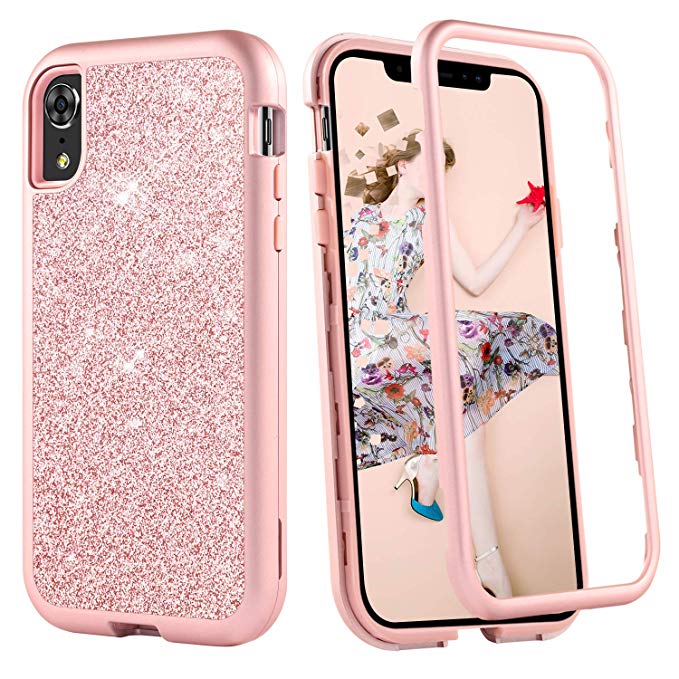 BENTOBEN Case for iPhone XR, Glitter Bling Sparkle Girl Women Stylish Cover Three Layers Hybrid Heavy Duty Protective Shockproof Rugged Phone Cases for Apple iPhone XR 6.1 Inch 2018 - Rose Gold/Pink