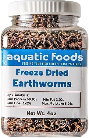 Aquatic Foods Inc. Earthworms-Freeze Dried Floating Earthworms for Large Fish, Koi & Pond Fish, Turtles, Reptiles, Hamsters, Rodents…4oz Small Jar