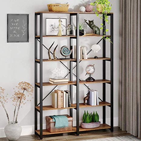 Tribesigns Rustic Industrial Bookshelf, Double Wide Open Bookcase, 6-Tier Etagere Book Shelves, Tall Storage Display Shelves with Black Metal Frame for Home Office Decor Display, Brown